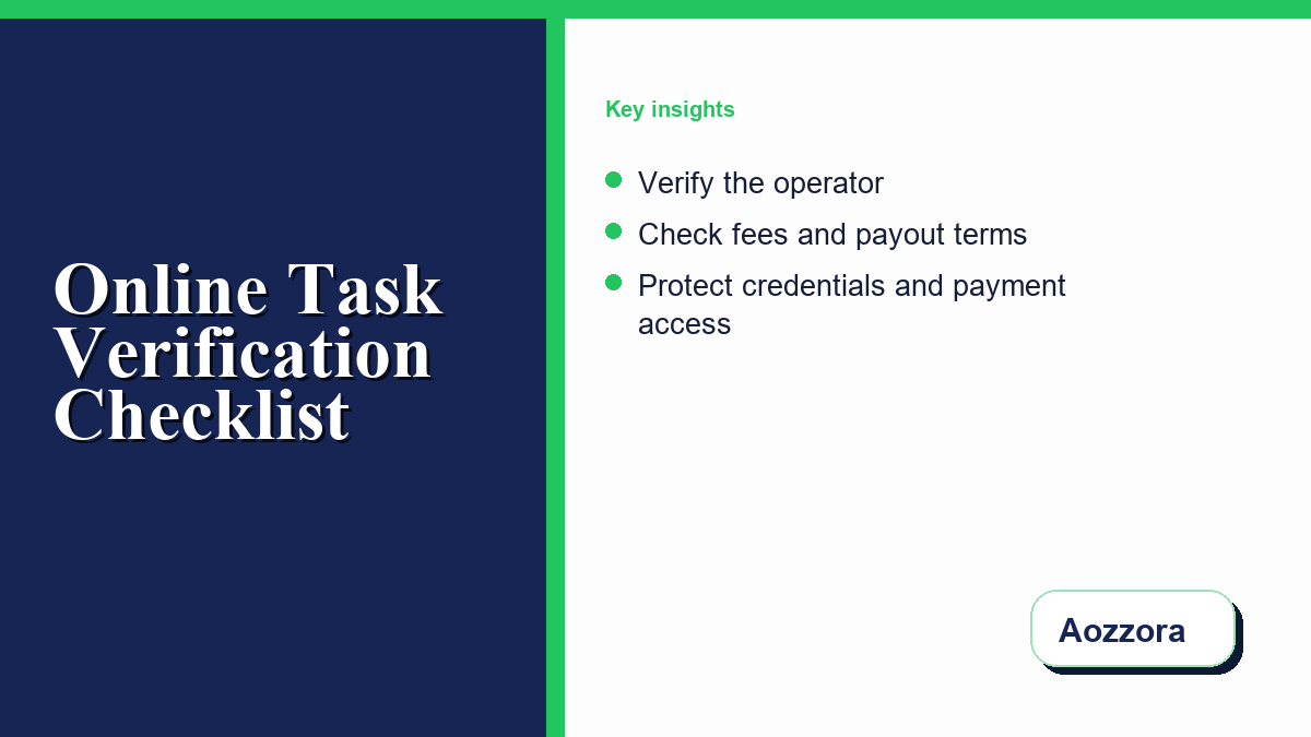 Online Encoding and Data-Entry Side Jobs in 2026: A Safer Verification Checklist Online task verification dashboard comparing operator identity, written terms, fees, and payout evidence.